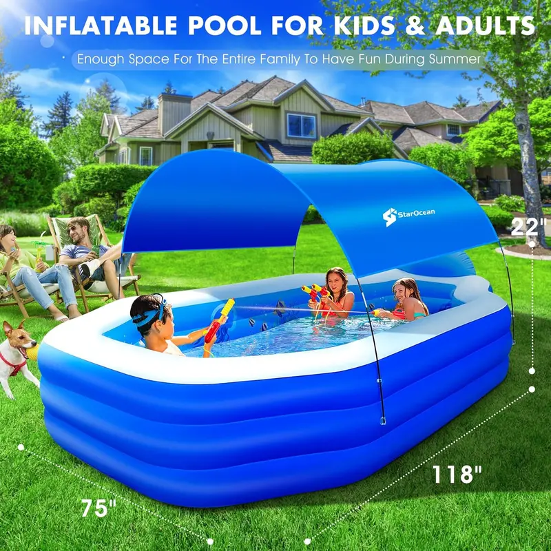 Large Canopy Inflatable Pool – Blow-Up Family Swimming Pool with Built-in Seats & Backrests (118" × 75" × 22", Dark Blue) 2