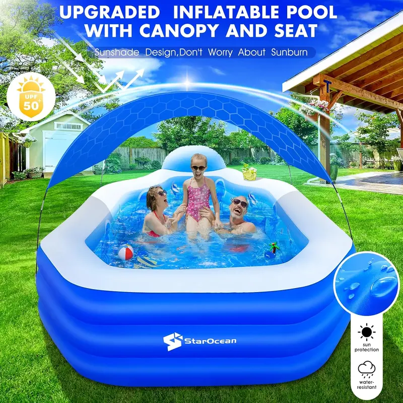 Large Canopy Inflatable Pool – Blow-Up Family Swimming Pool with Built-in Seats & Backrests (118" × 75" × 22", Dark Blue)