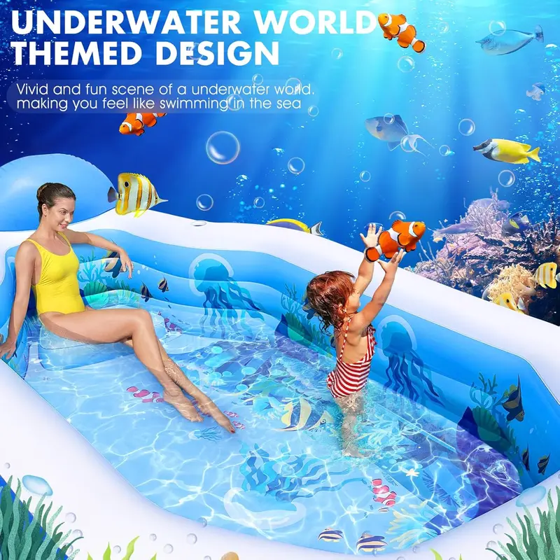 Large Canopy Inflatable Pool – Blow-Up Family Swimming Pool with Built-in Seats & Backrests (118" × 75" × 22", Dark Blue)