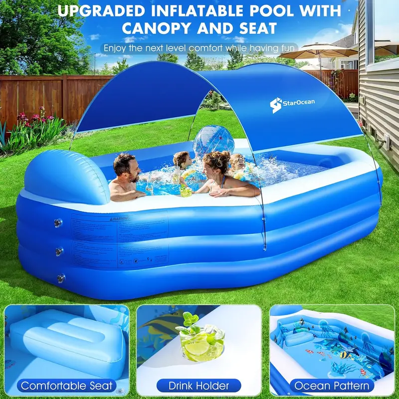 Large Canopy Inflatable Pool – Blow-Up Family Swimming Pool with Built-in Seats & Backrests (118" × 75" × 22", Dark Blue)