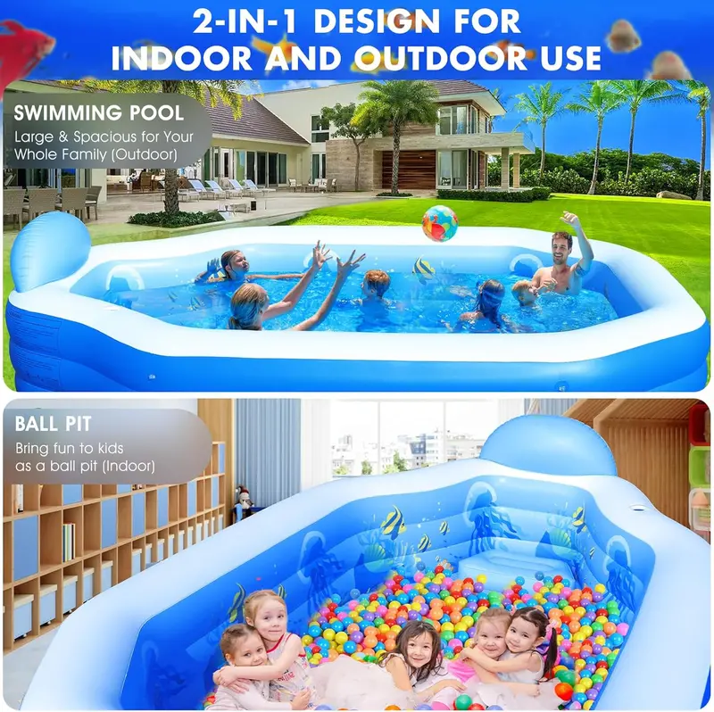 Large Canopy Inflatable Pool – Blow-Up Family Swimming Pool with Built-in Seats & Backrests (118" × 75" × 22", Dark Blue)