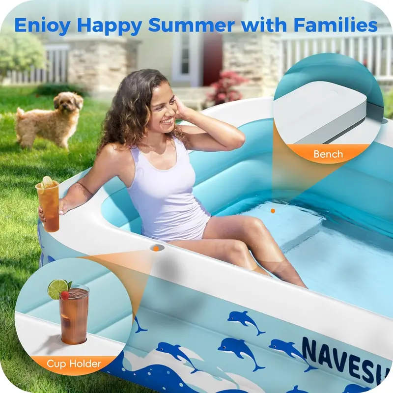 Large Family Inflatable Swimming Pool with Built-in Seats – 130" x 72" x 22" Heavy-Duty PVC Above-Ground Pool for Backyard Summer Fun