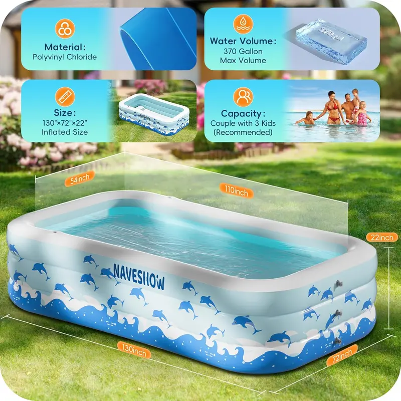 Large Family Inflatable Swimming Pool with Built-in Seats – 130" x 72" x 22" Heavy-Duty PVC Above-Ground Pool for Backyard Summer Fun
