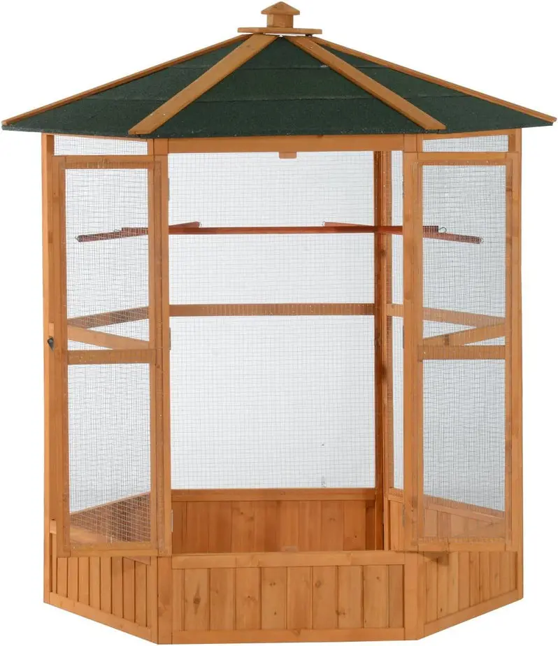 Large Hexagonal Wooden Outdoor Aviary – Covered Roof Flight Cage for Birds | Natural Aesthetic & Spacious Enclosure for Medium-to-Large Species