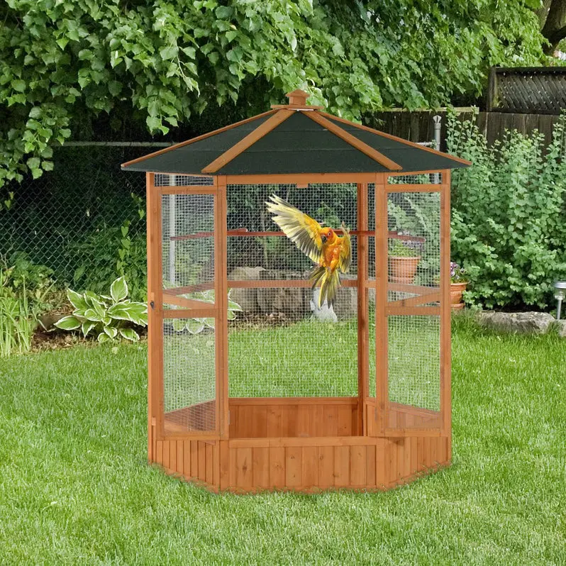 Large Hexagonal Wooden Outdoor Aviary – Covered Roof Flight Cage for Birds | Natural Aesthetic & Spacious Enclosure for Medium-to-Large Species