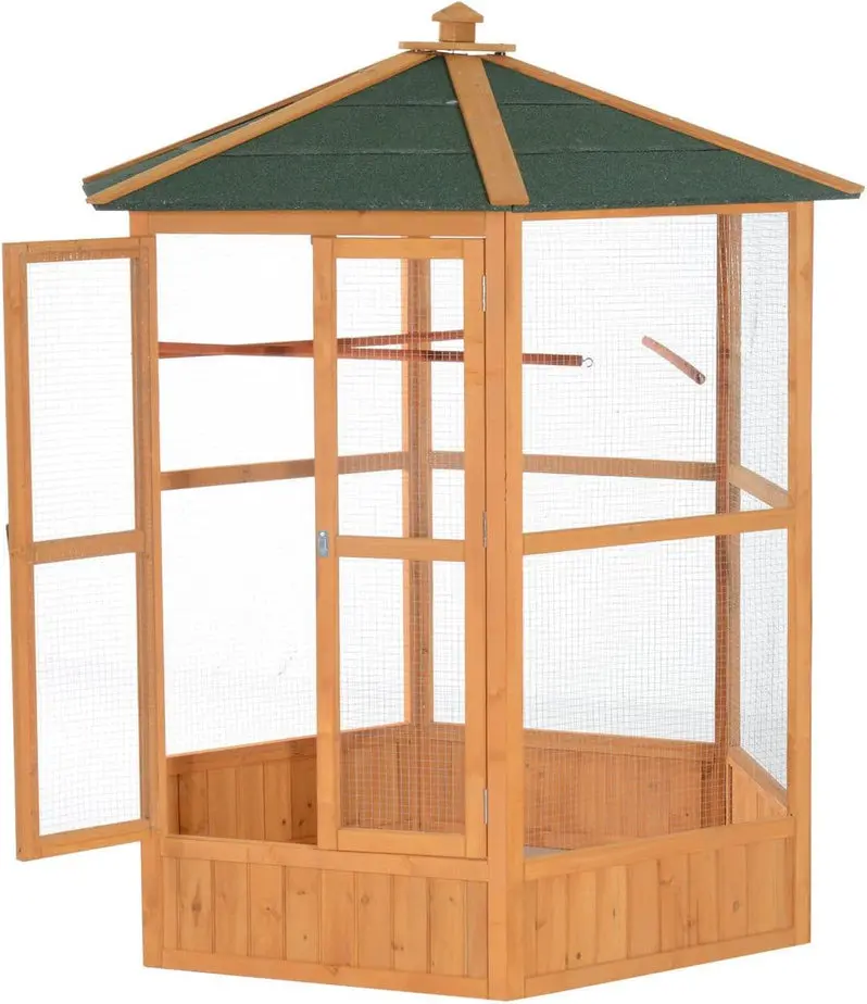 Large Hexagonal Wooden Outdoor Aviary – Covered Roof Flight Cage for Birds | Natural Aesthetic & Spacious Enclosure for Medium-to-Large Species