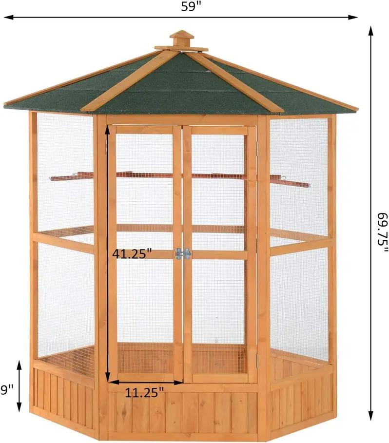 Large Hexagonal Wooden Outdoor Aviary – Covered Roof Flight Cage for Birds | Natural Aesthetic & Spacious Enclosure for Medium-to-Large Species
