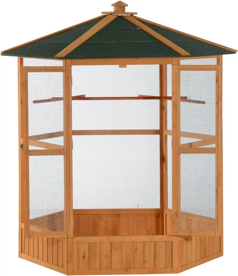 Large Hexagonal Wooden Outdoor Aviary – Covered Roof Flight Cage for Birds & Small Pets
