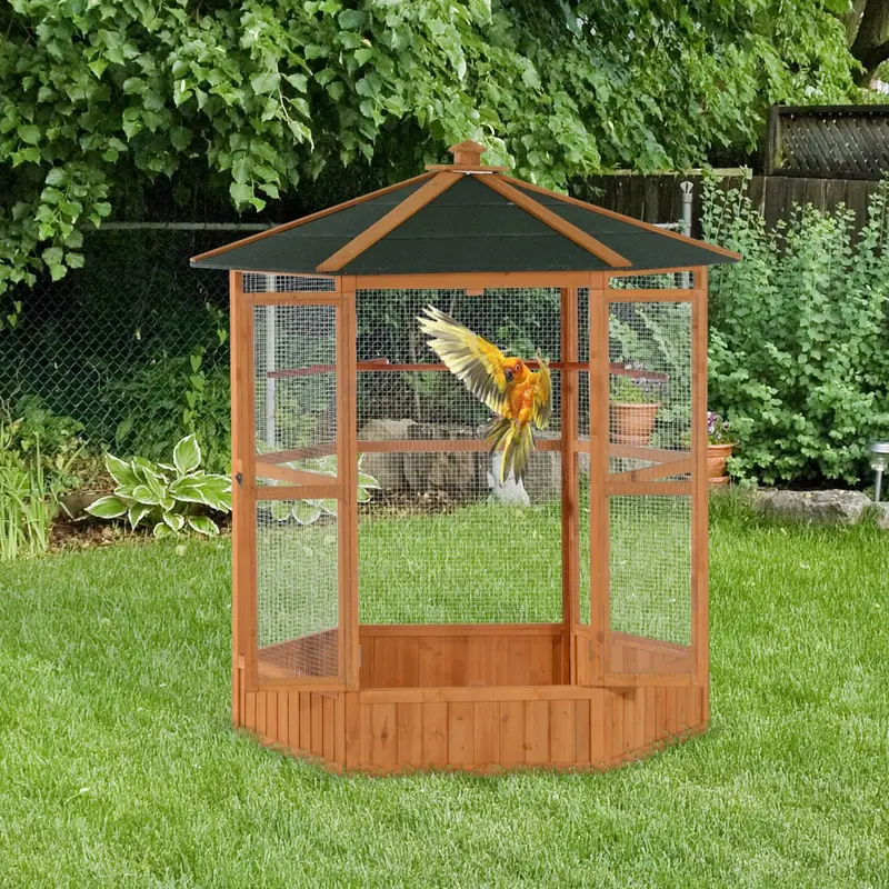 Large Hexagonal Wooden Outdoor Aviary – Covered Roof Flight Cage for Birds & Small Pets