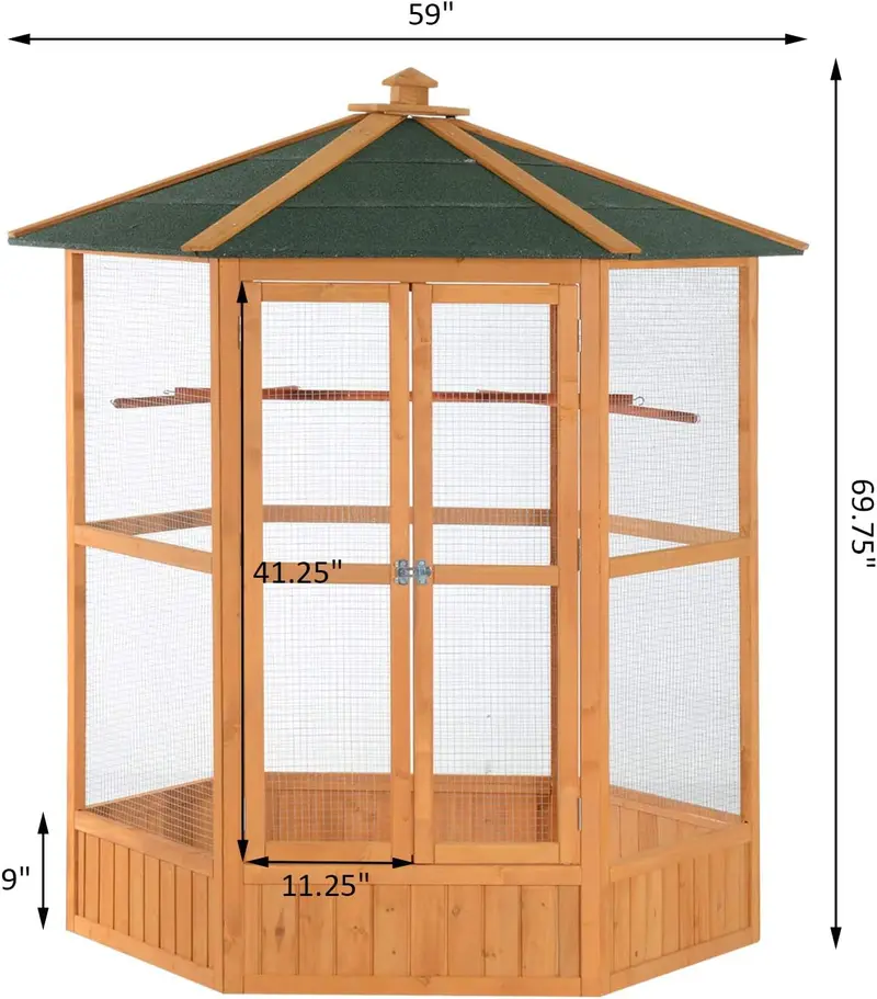 Large Hexagonal Wooden Outdoor Aviary – Covered Roof Flight Cage for Birds & Small Pets