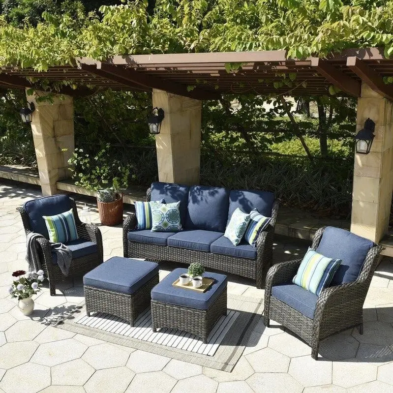 Latimer Wicker 5-Piece Outdoor Seating Set – All-Weather Rattan Furniture with Cushions