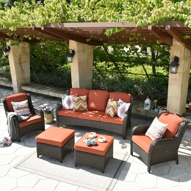 Latimer Wicker 5-Piece Outdoor Seating Set – All-Weather Rattan Furniture with Cushions