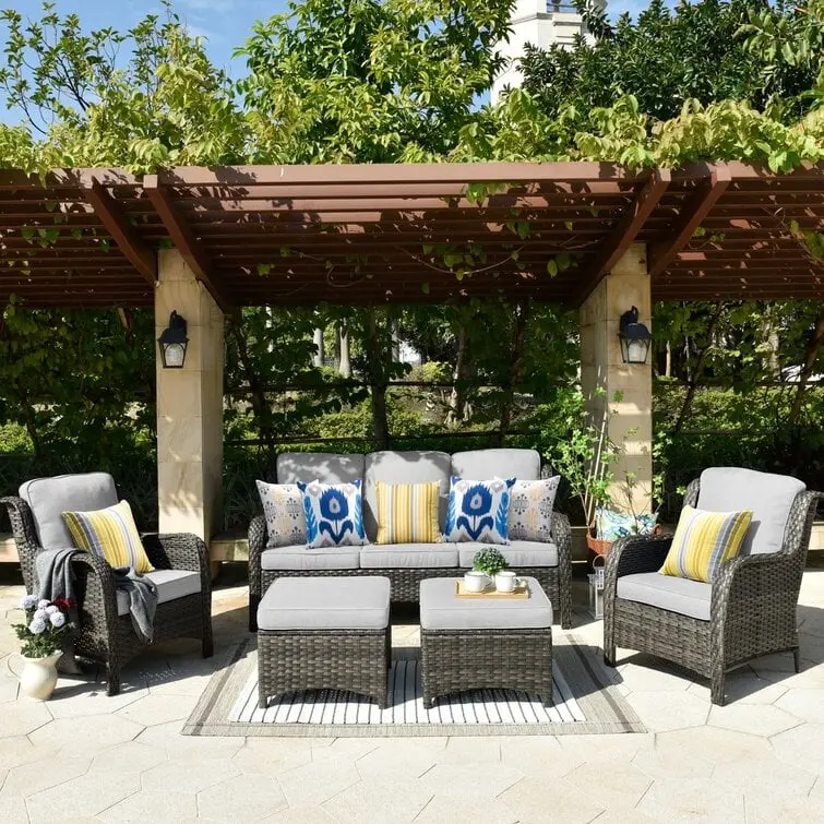 Latimer Wicker 5-Piece Outdoor Seating Set – All-Weather Rattan Furniture with Cushions