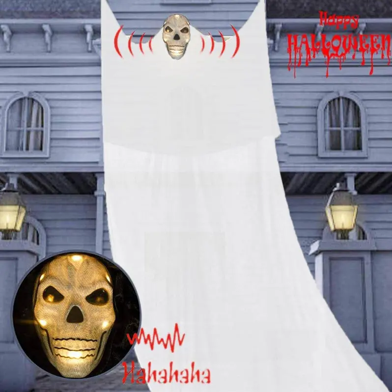 LED Hanging Ghost Light – Large Yarn-Wrapped Horror Decor for Indoor/Outdoor Halloween