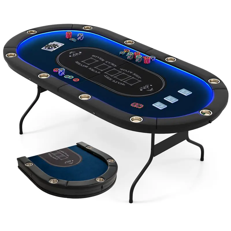 LED-Illuminated Foldable Poker Table for Texas Hold’em and Blackjack (84" Wide)