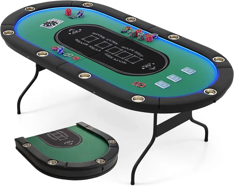 LED-Illuminated Foldable Poker Table for Texas Hold’em and Blackjack (84" Wide)