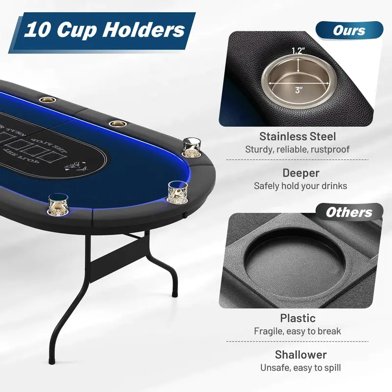 LED-Illuminated Foldable Poker Table for Texas Hold’em and Blackjack (84" Wide)