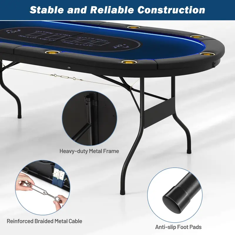 LED-Illuminated Foldable Poker Table for Texas Hold’em and Blackjack (84" Wide)