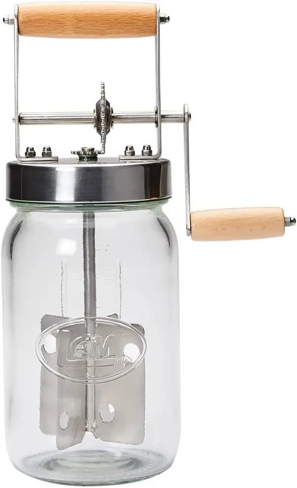 LEM 1226 Stainless Steel Butter Churner – 28-Ounce Glass Jar, BPA-Free Construction, Manual Hand-Crank Design