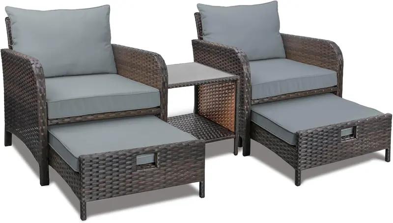 LEVELEVE 5-Piece Brown PE Wicker Patio Conversation Set with Cushioned Chairs, Ottomans, and Tempered Glass Table