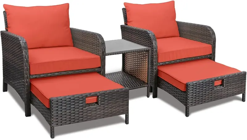 LEVELEVE 5-Piece Brown PE Wicker Patio Conversation Set with Cushioned Chairs, Ottomans, and Tempered Glass Table