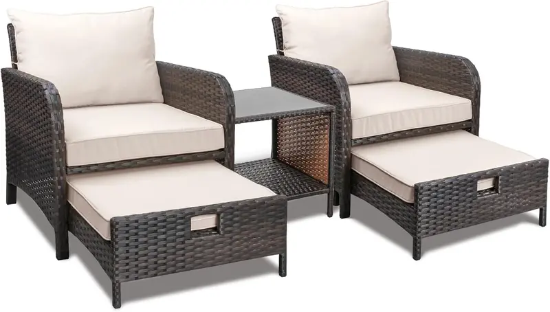LEVELEVE 5-Piece Brown PE Wicker Patio Conversation Set with Cushioned Chairs, Ottomans, and Tempered Glass Table