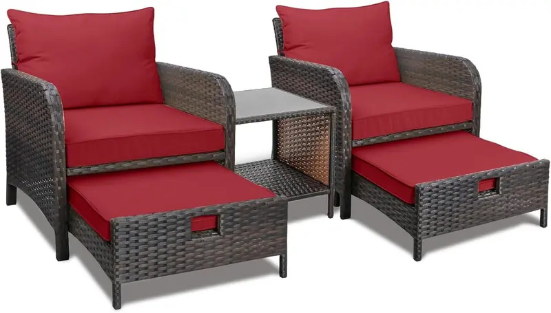 LEVELEVE 5-Piece Brown PE Wicker Patio Conversation Set with Cushioned Chairs, Ottomans, and Tempered Glass Table