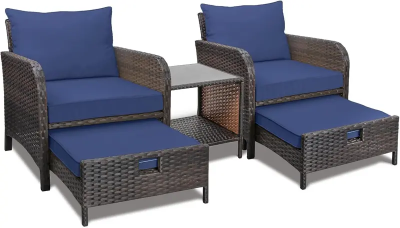 LEVELEVE 5-Piece Brown PE Wicker Patio Conversation Set with Cushioned Chairs, Ottomans, and Tempered Glass Table 6