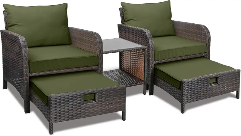 LEVELEVE 5-Piece Brown PE Wicker Patio Conversation Set with Cushioned Chairs, Ottomans, and Tempered Glass Table