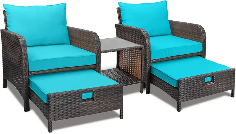 LEVELEVE 5-Piece Brown PE Wicker Patio Conversation Set with Cushioned Chairs, Ottomans, and Tempered Glass Table