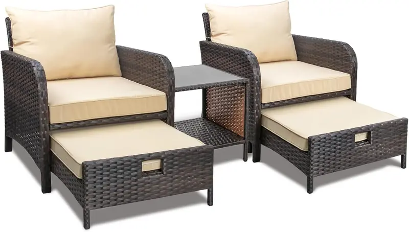LEVELEVE 5-Piece Brown PE Wicker Patio Conversation Set with Cushioned Chairs, Ottomans, and Tempered Glass Table