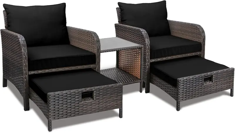 LEVELEVE 5-Piece Brown PE Wicker Patio Conversation Set with Cushioned Chairs, Ottomans, and Tempered Glass Table