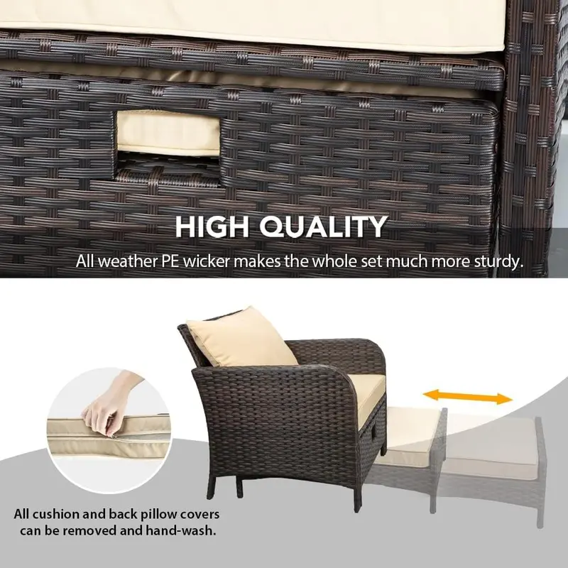 LEVELEVE 5-Piece PE Wicker Patio Set — Outdoor Conversation Lounge with Cushioned Chairs, Ottomans & Tempered Glass Table, Brown