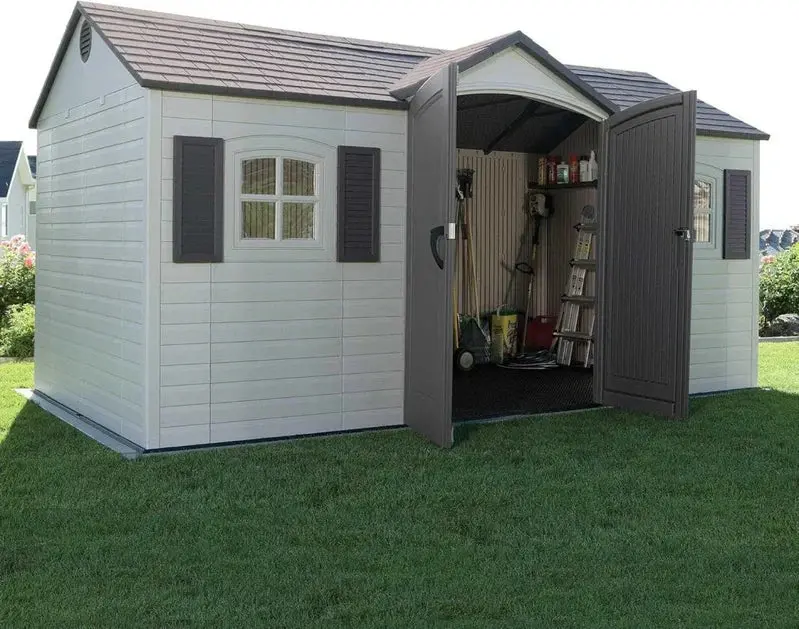 Lifetime 6446 Outdoor Storage Shed – 8 ft x 15 ft, Desert Sand Color, Durable Polyethylene Walls & Steel Frame