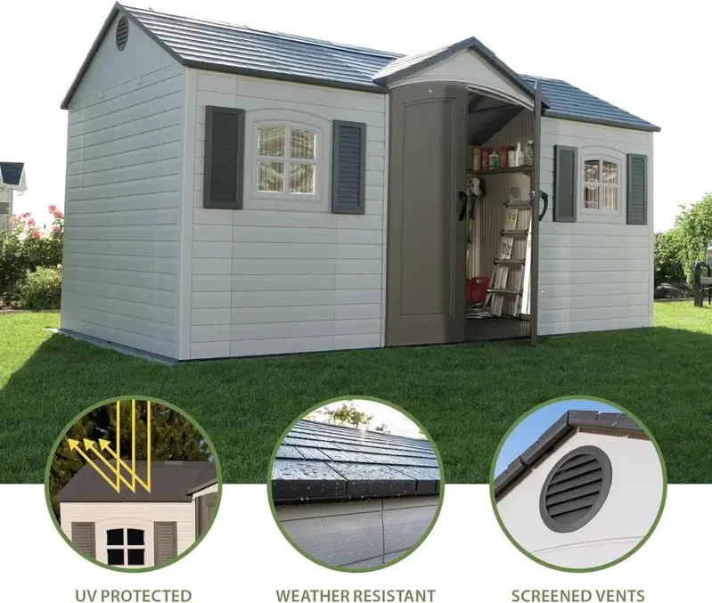 Lifetime 6446 Outdoor Storage Shed – 8 ft x 15 ft, Desert Sand Color, Durable Polyethylene Walls & Steel Frame
