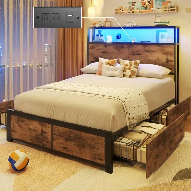 Lifezone Queen Platform Bed – Metal Frame with 2-Tier Storage Headboard, 4 Drawers, LED Lighting & Dual Charging Ports 1