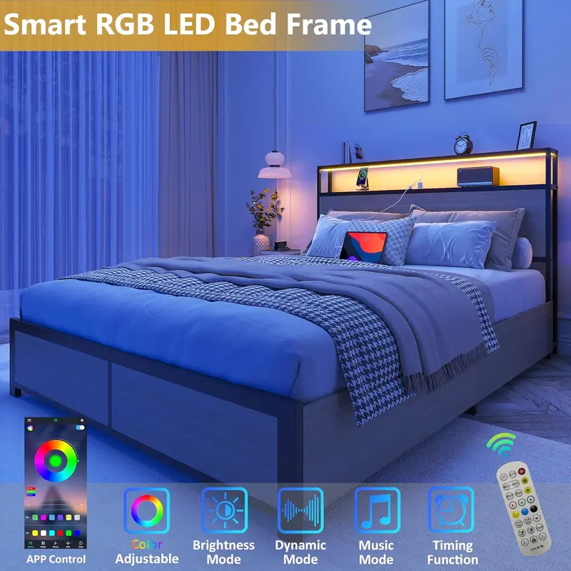 Lifezone Queen Platform Bed – Metal Frame with 2-Tier Storage Headboard, 4 Drawers, LED Lighting & Dual Charging Ports