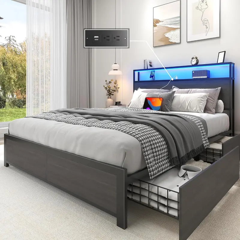 Lifezone Queen Platform Bed – Metal Frame with 2-Tier Storage Headboard, 4 Drawers, LED Lighting & Dual Charging Ports