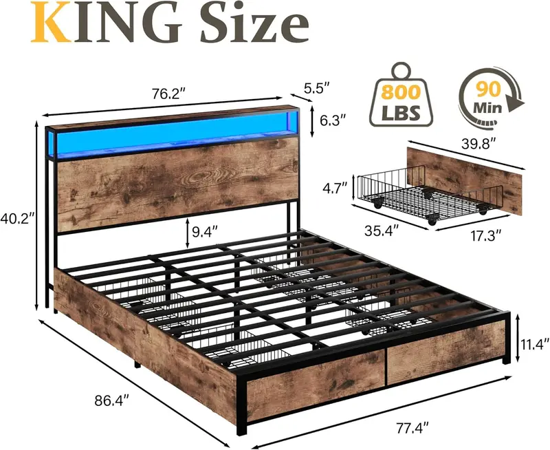Lifezone Queen Platform Bed – Metal Frame with 2-Tier Storage Headboard, 4 Drawers, LED Lighting & Dual Charging Ports