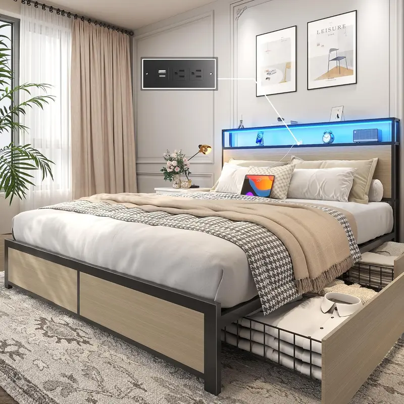 Lifezone Queen Platform Bed – Metal Frame with 2-Tier Storage Headboard, 4 Drawers, LED Lighting & Dual Charging Ports