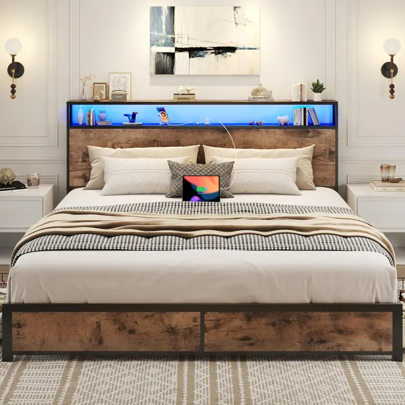Lifezone Queen Platform Bed – Metal Frame with 2-Tier Storage Headboard, 4 Drawers, LED Lighting & Dual Charging Ports
