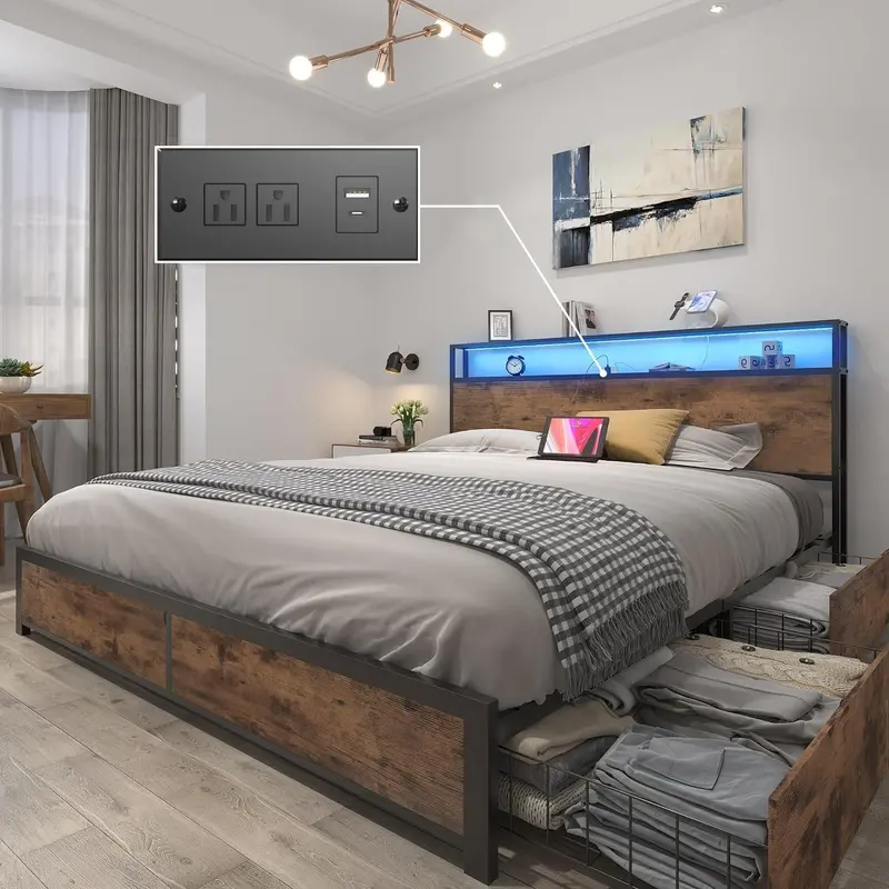 Lifezone Queen Platform Bed – Metal Frame with 2-Tier Storage Headboard, 4 Drawers, LED Lighting & Dual Charging Ports