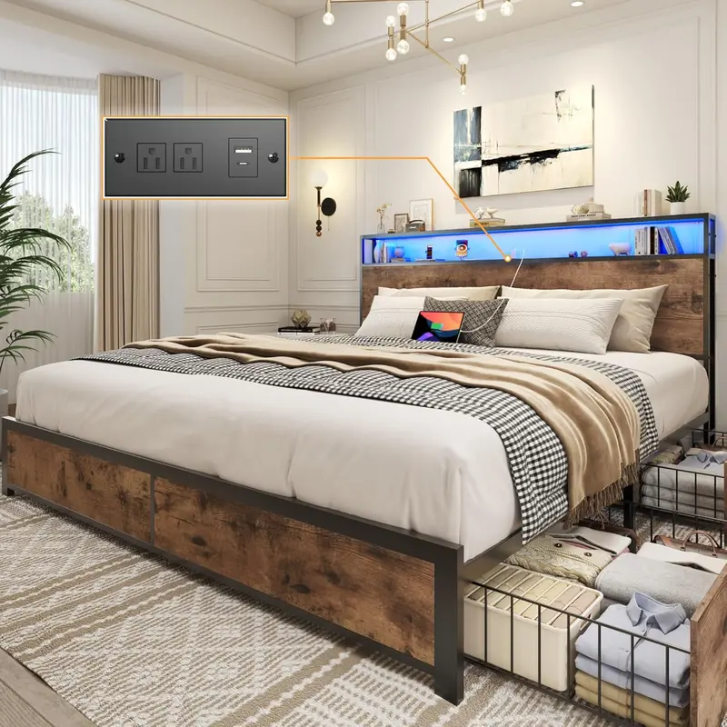 Lifezone Queen Platform Bed – Metal Frame with 2-Tier Storage Headboard, 4 Drawers, LED Lighting & Dual Charging Ports