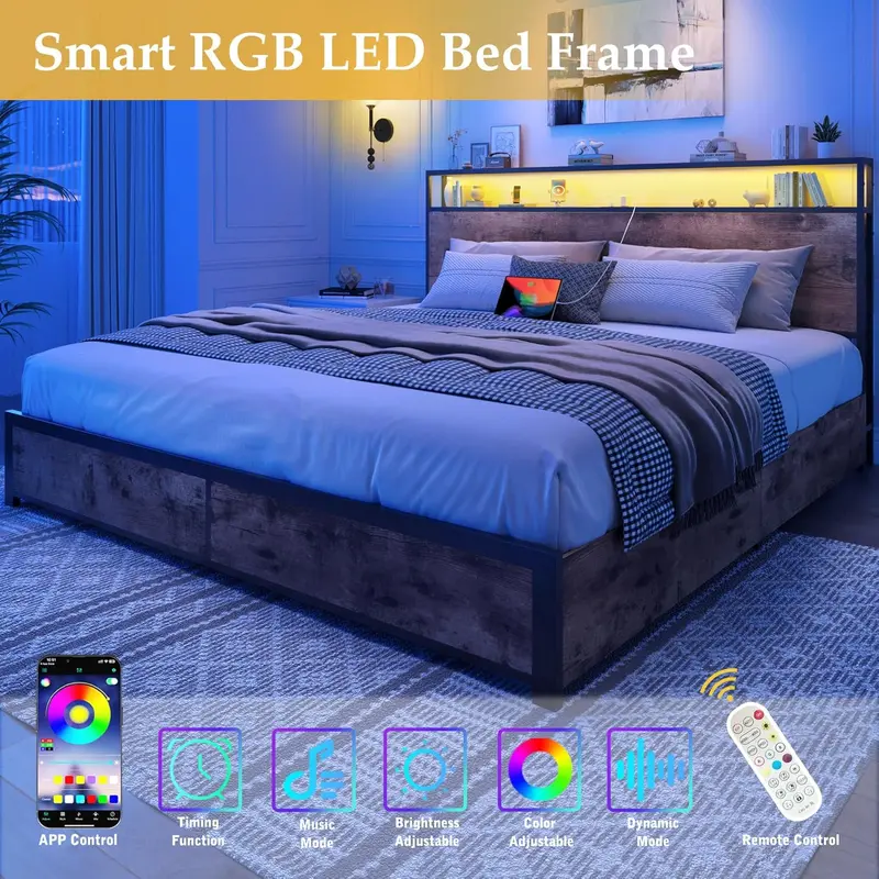 Lifezone Queen Platform Bed – Metal Frame with 2-Tier Storage Headboard, 4 Drawers, LED Lighting & Dual Charging Ports
