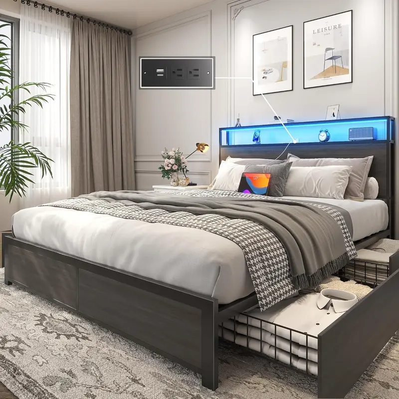 Lifezone Queen Platform Bed – Metal Frame with 2-Tier Storage Headboard, 4 Drawers, LED Lighting & Dual Charging Ports