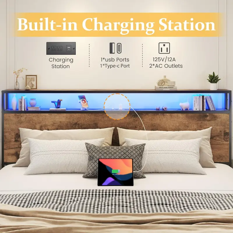 Lifezone Queen Platform Bed – Metal Frame with 2-Tier Storage Headboard, 4 Drawers, LED Lighting & Dual Charging Ports