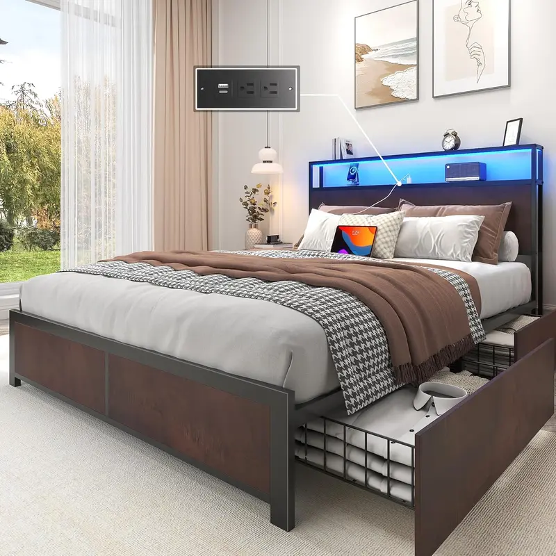 Lifezone Queen Platform Bed – Metal Frame with 2-Tier Storage Headboard, 4 Drawers, LED Lighting & Dual Charging Ports