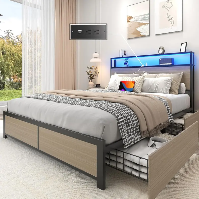 Lifezone Queen Platform Bed – Metal Frame with 2-Tier Storage Headboard, 4 Drawers, LED Lighting & Dual Charging Ports