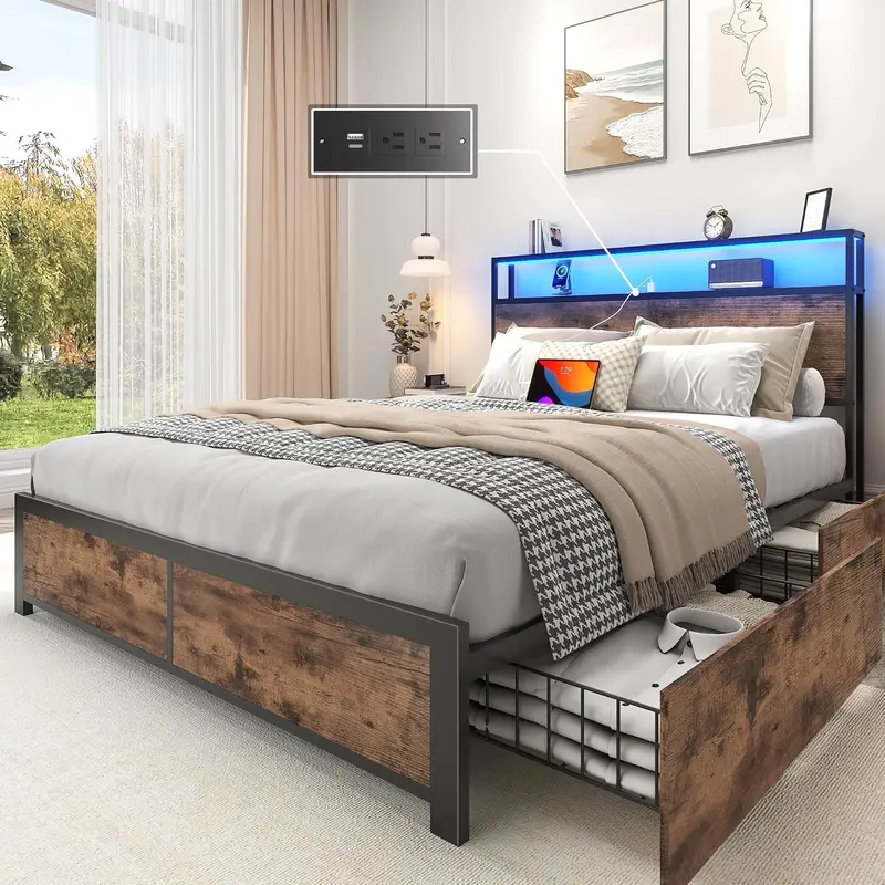 Lifezone Queen Platform Bed – Metal Frame with 2-Tier Storage Headboard, 4 Drawers, LED Lighting & Dual Charging Ports