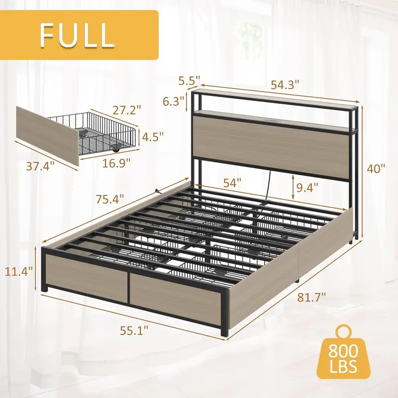 Lifezone Queen Platform Bed – Metal Frame with 2-Tier Storage Headboard, 4 Drawers, LED Lighting & Dual Charging Ports
